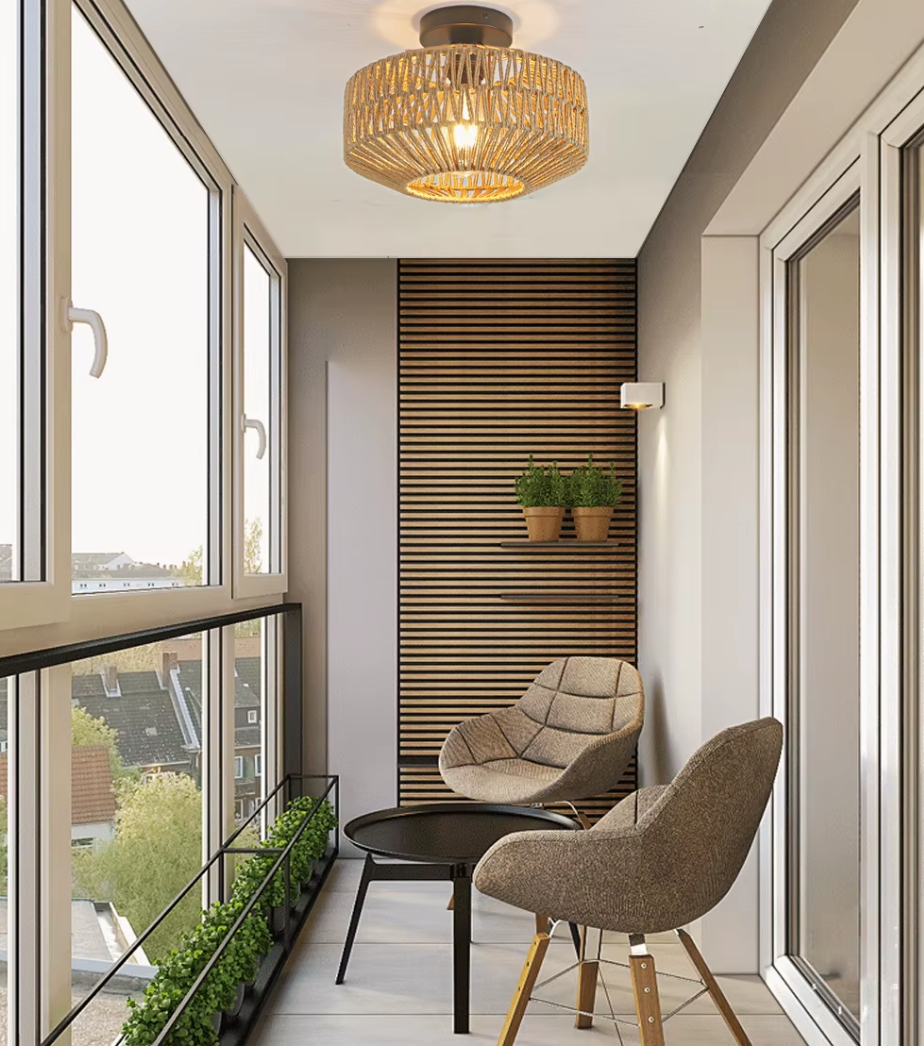 Woven Rattan Hanging Light with E27 Socket in Brown for Kitchen Island & Dining Table | Handcrafted Open-Weave Ceiling Fixture | Thomler