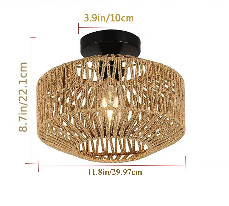 Woven Rattan Hanging Light with E27 Socket in Brown for Kitchen Island & Dining Table | Handcrafted Open-Weave Ceiling Fixture | Thomler