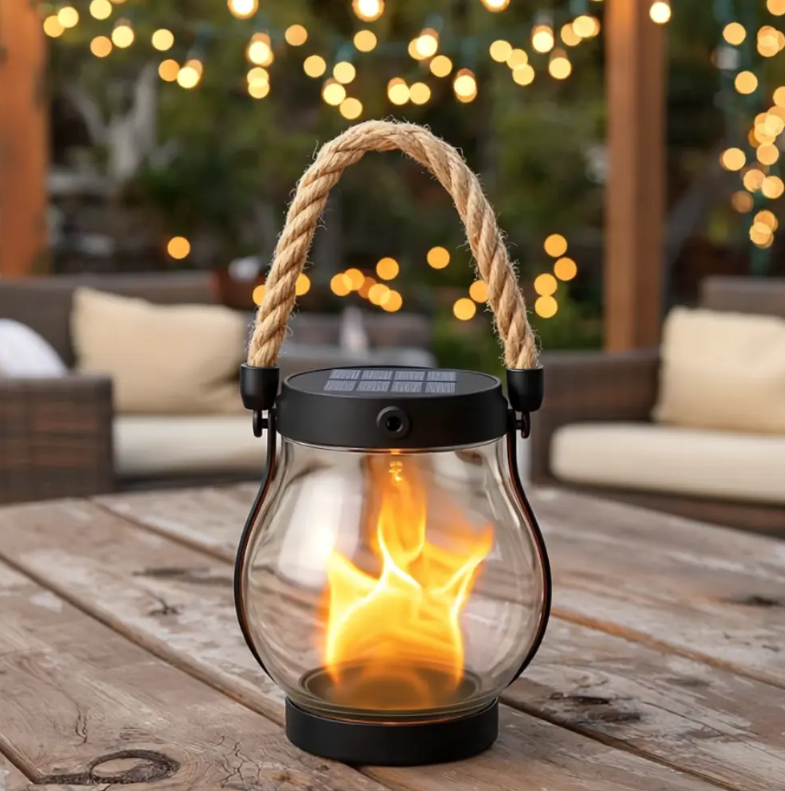 Flickering Flame Outdoor Lantern with Solar Panel 10 in Tall Glass LED Garden Light Waterproof Hanging Patio Decoration Dusk Sensor USB Back | Thomler