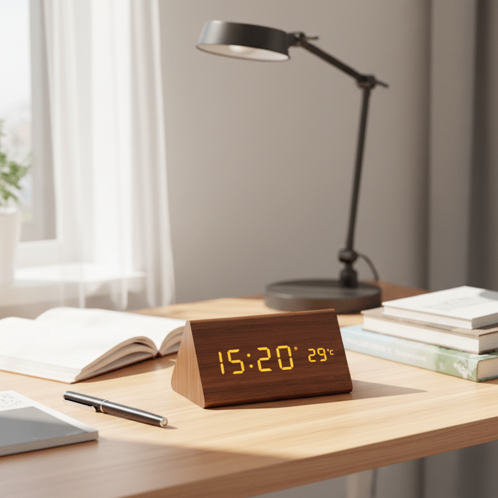 Despertador digital activado por sonido con pantalla LED y acabado en madera para dormitorio, oficina o mesita de noche, alimentación por pilas o USB, brillo ajustable | Thomler