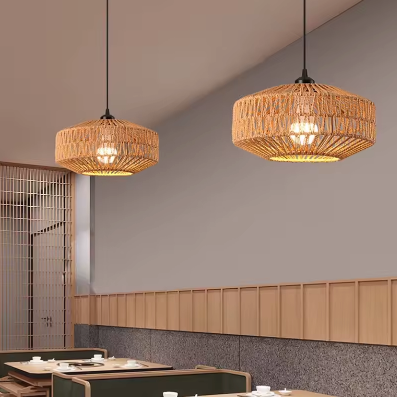 Woven Rattan Hanging Light with E27 Socket in Brown for Kitchen Island & Dining Table | Handcrafted Open-Weave Ceiling Fixture | Thomler