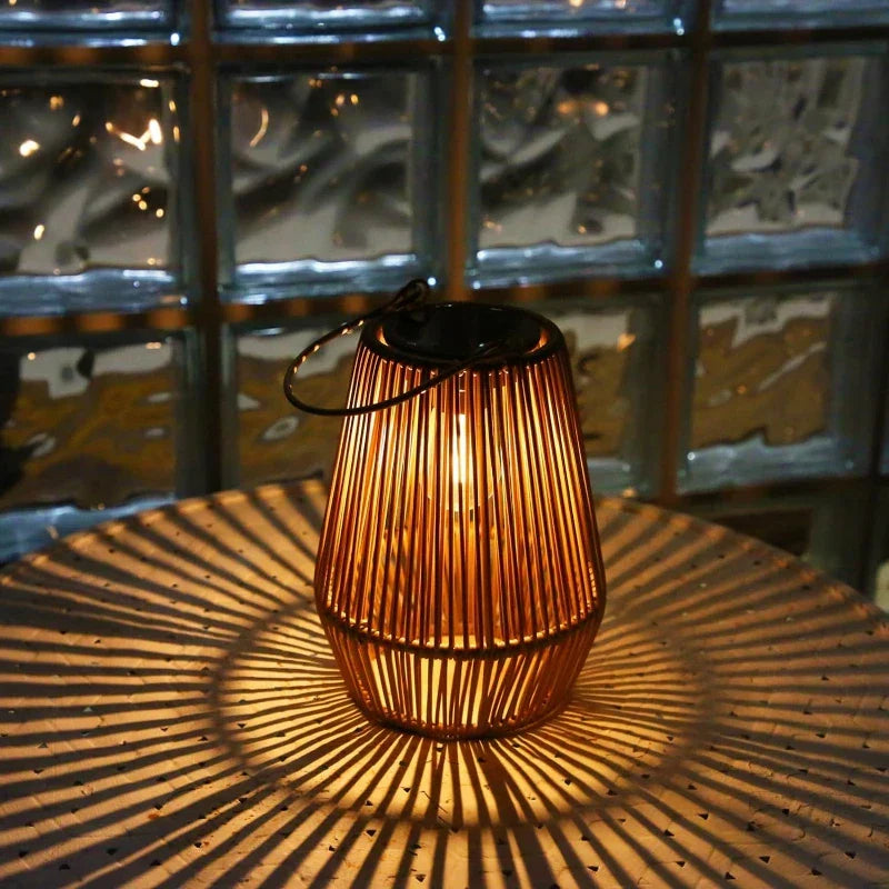 Solar Hanging Lantern Woven Wicker Style 8in Weatherproof LED Light for Patio Garden Balcony Porch Outdoor Spaces Cordless Automatic Dusk Da | Thomler