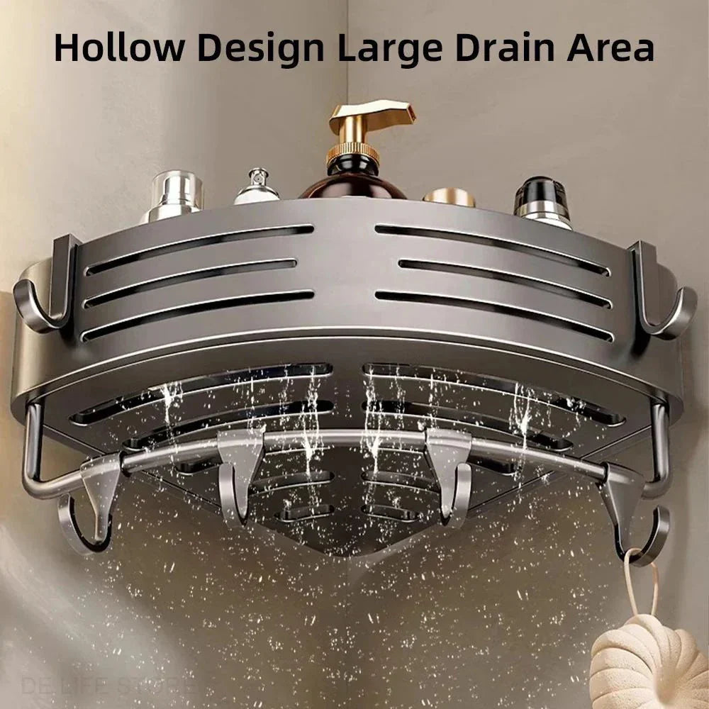 Corner Shower Caddy Set of 2 with Adjustable Height & Hooks No-Drill Aluminum Wall Mount Organizer for Bathroom Shampoo Soap Holder | Thomler