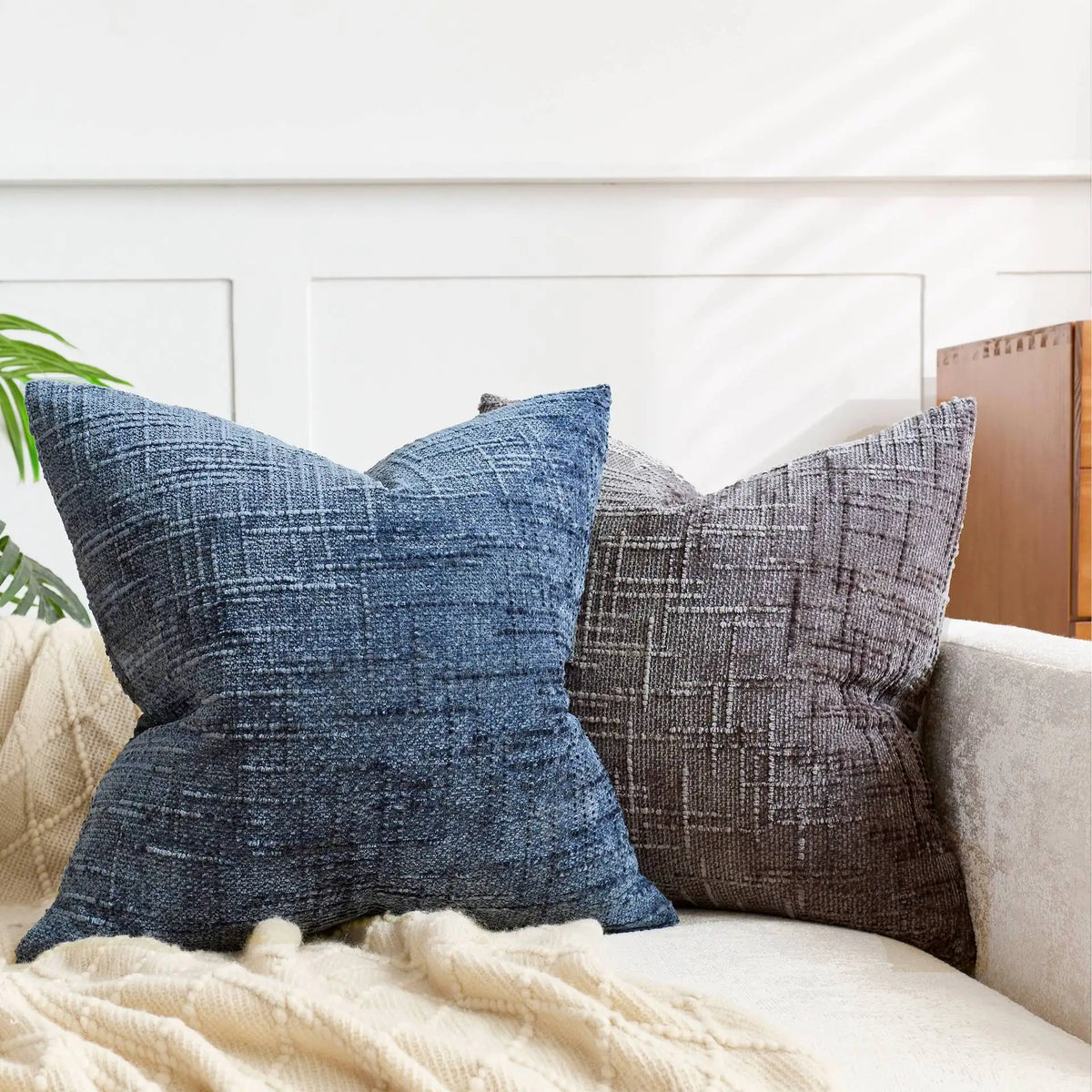 Plush Chenille Pillow Case 18 in Textured Bamboo Relief Pattern for Sofa Bed Living Room Bedroom Accent Home Décor Throw Cushion Slipcover | Thomler