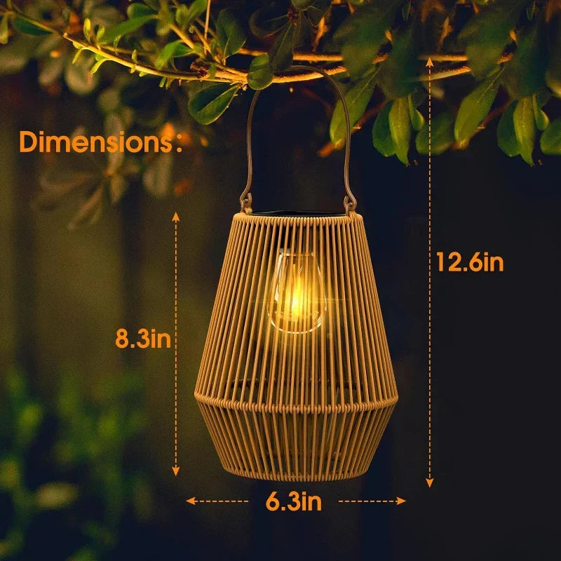 Solar Hanging Lantern Woven Wicker Style 8in Weatherproof LED Light for Patio Garden Balcony Porch Outdoor Spaces Cordless Automatic Dusk Da | Thomler
