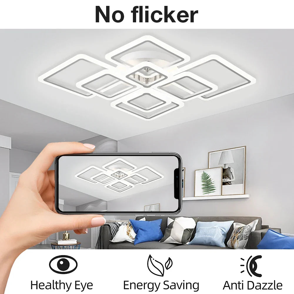 Square Flush Mount LED Fixture 50 in Dimmable Remote Control White Aluminum Geometric Rings for Bedroom Living Room Dining Room Open Plan | Thomler