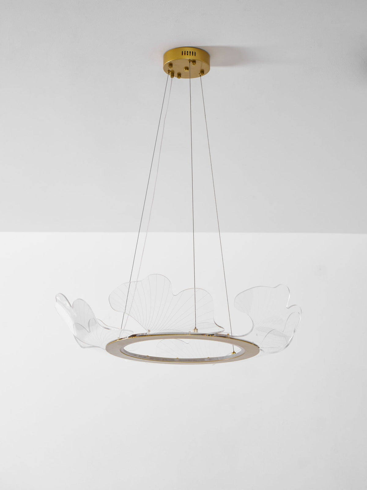 Lámpara colgante redonda con difusor de hojas acrílicas, 27 pulgadas, dorada, altura ajustable, LED para cocina, comedor, oficina, dormitorio, montaje empotrado moderno | Thomler