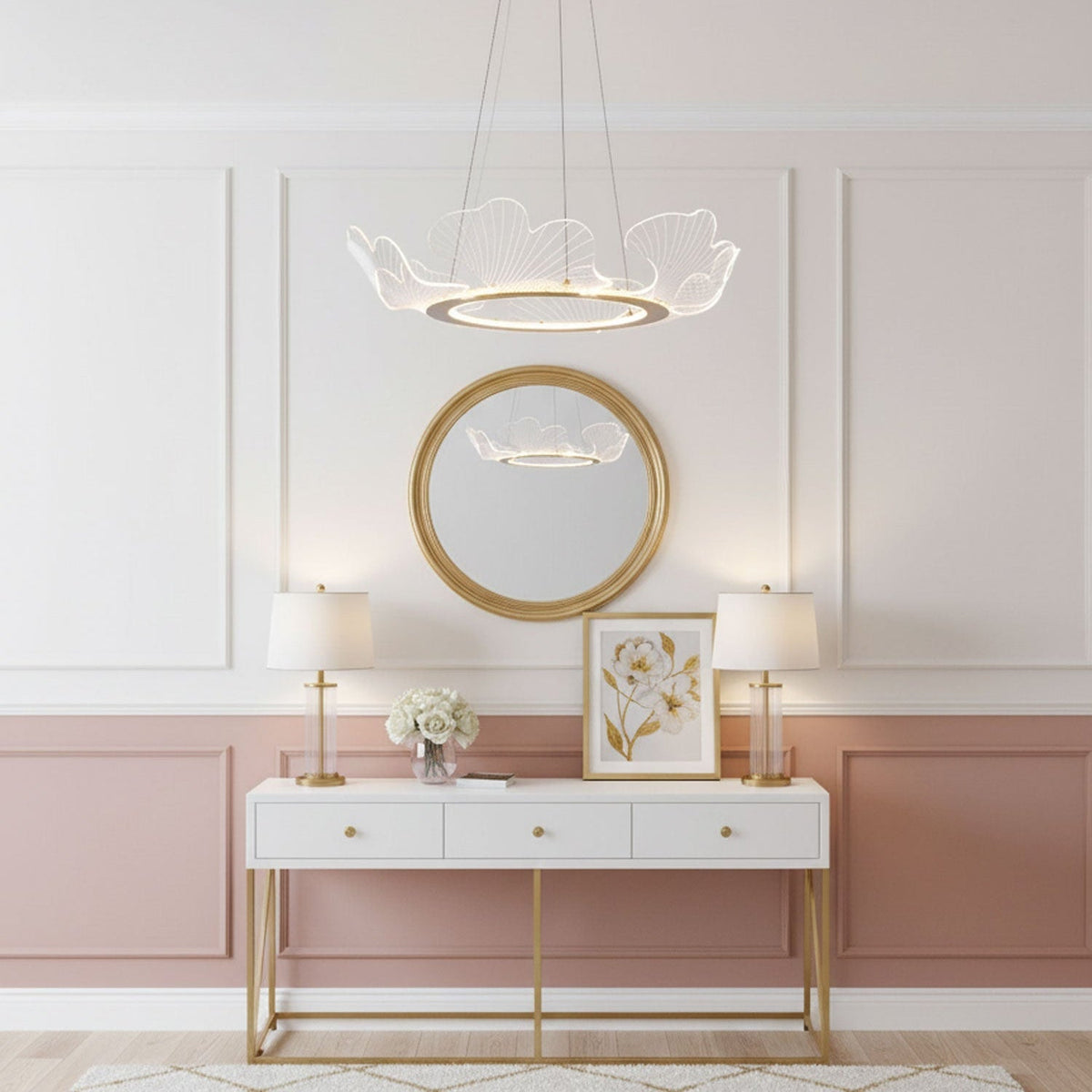 Lámpara colgante redonda con difusor de hojas acrílicas, 27 pulgadas, dorada, altura ajustable, LED para cocina, comedor, oficina, dormitorio, montaje empotrado moderno | Thomler