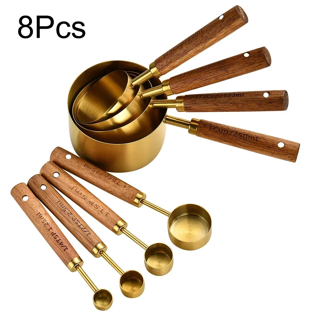 8-Piece Nesting Kitchen Measuring Spoons with Wood Handles Stainless Steel Cooking Baking Tools Set | Thomler