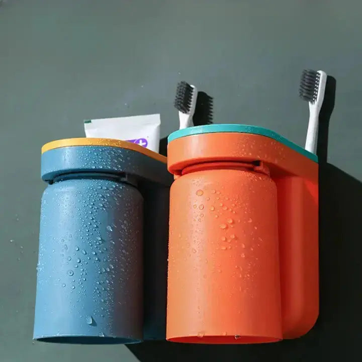 Stick-On Bathroom Caddy ABS Plastic 5 in Tall Cup & Paste Organizer Drip-Dry System 2-Pack for Vanity Countertop Clutter-Free Family Bath | Thomler