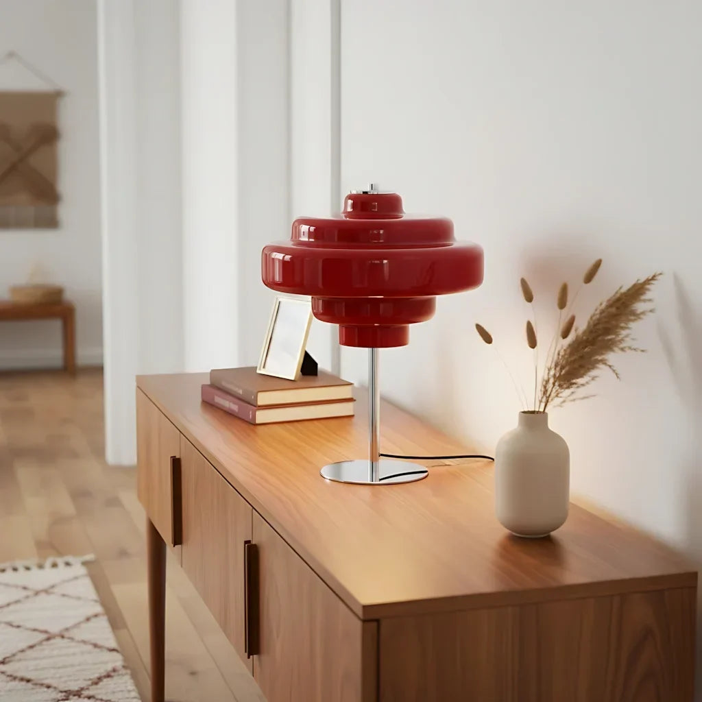 Compact Accent Lamp with Layered Glass Shade 8 in Sculptural Nightstand Light for Bedroom Office Desk Modern Decorative Glow Small Space | Thomler