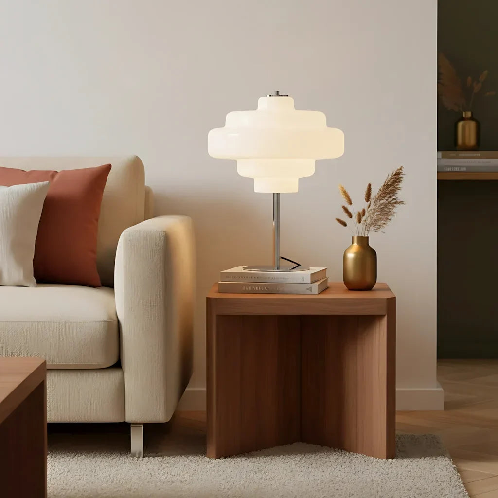 Compact Accent Lamp with Layered Glass Shade 8 in Sculptural Nightstand Light for Bedroom Office Desk Modern Decorative Glow Small Space | Thomler