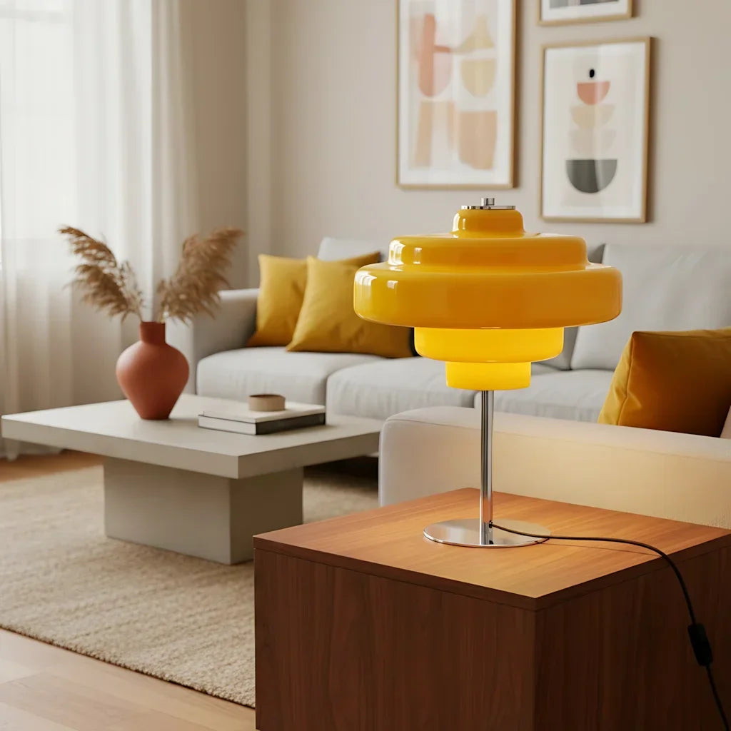 Compact Accent Lamp with Layered Glass Shade 8 in Sculptural Nightstand Light for Bedroom Office Desk Modern Decorative Glow Small Space | Thomler