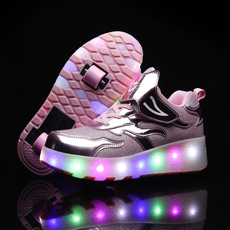 Kinder-Rollenschuhe mit LED-Licht, Sneaker mit Rädern, Pink, aufladbare leuchtende Sportschuhe mit Klettverschluss für Jungen, Mädchen und Jugendliche | Thomler