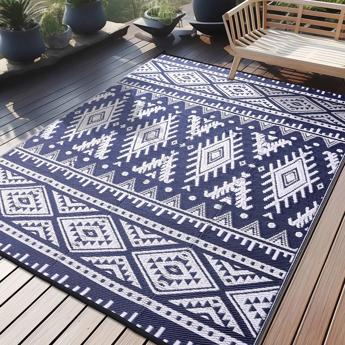 Geweven omkeerbare patiomat met gevlochten kunststof constructie voor terrassen, balkons & kamperen | Weerbestendige geometrische vloerbedekking | Thomler