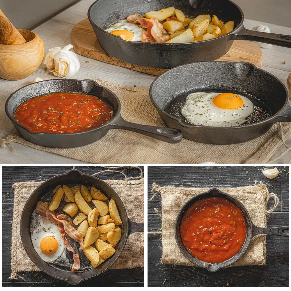 Cast Iron Skillet Set 3-Piece 6.3 8 10 Inch Black Uncoated Frying Pans Gas Electric Induction Campfire Cookware Stovetop to Oven Kitchen | Thomler