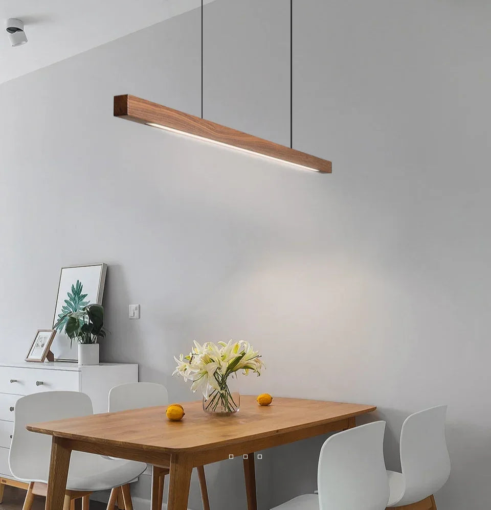 LED Wood Dining Room Fixture 47-Inch Linear Hanging Light Adjustable Height Island Chandelier Natural Pine Kitchen Suspended Lighting Modern | Thomler