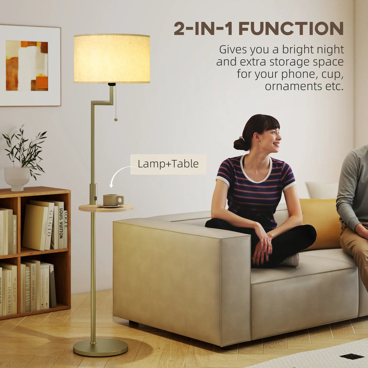 Arc Floor Lamp with Bamboo Shelf and USB Charging Port 67 inch Gold Steel Frame Beige Linen Shade Reading Light for Bedroom Living Room Home | Thomler