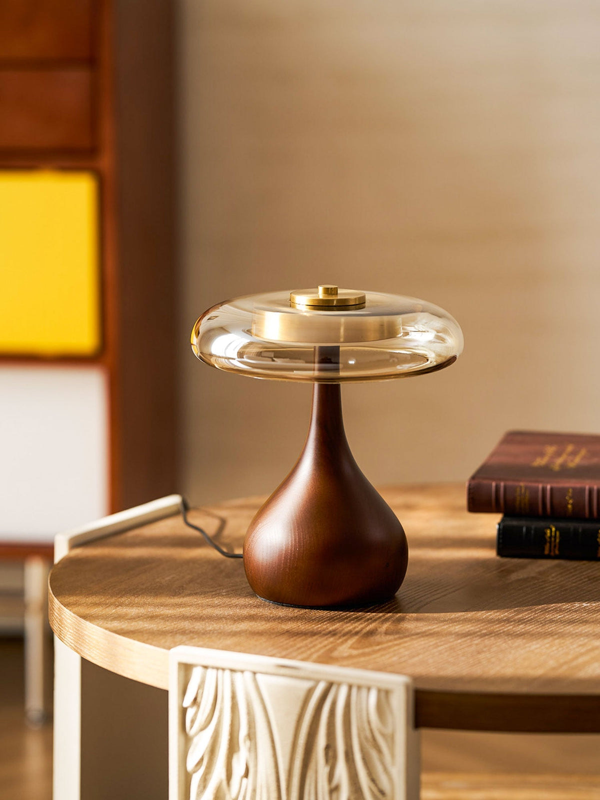 Lámpara de escritorio LED con pantalla de vidrio ámbar y base de madera natural para oficina en casa, dormitorio y mesa de noche | Temperatura de color ajustable 3000K-6000K | Thomler