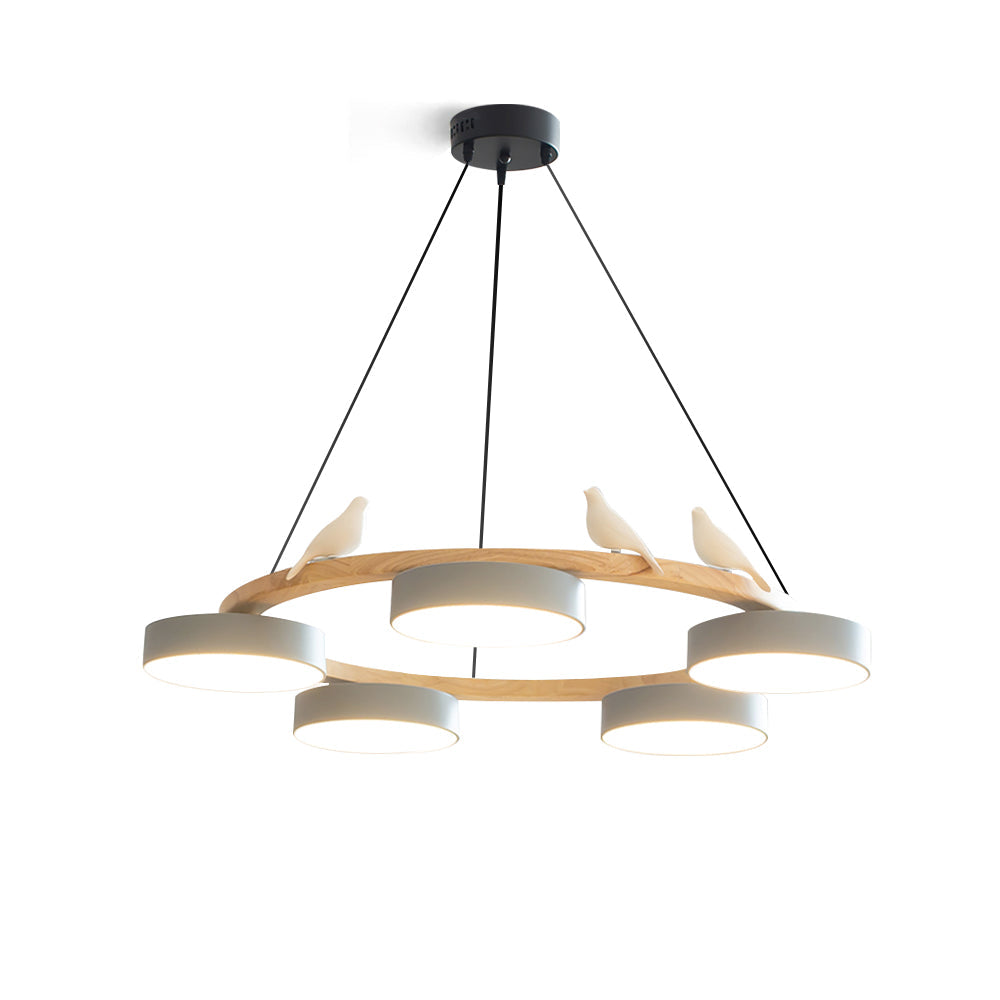Ronde houten plafondlamp met vogelaccenten 66 cm 4-lichts LED-armatuur in hoogte verstelbaar voor eetkamer keuken woonkamer hal entree | Thomler