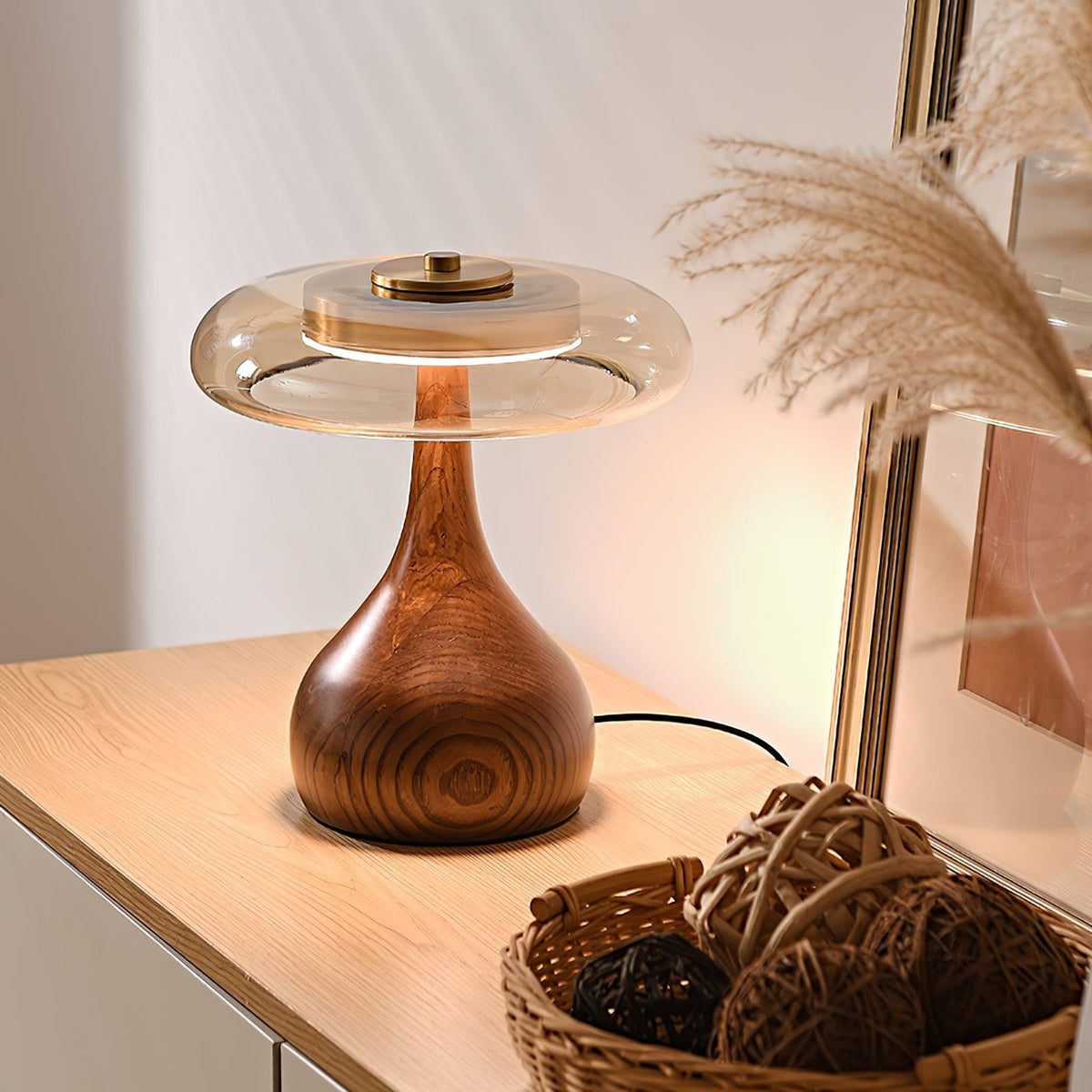 Lámpara de escritorio LED con pantalla de vidrio ámbar y base de madera natural para oficina en casa, dormitorio y mesa de noche | Temperatura de color ajustable 3000K-6000K | Thomler