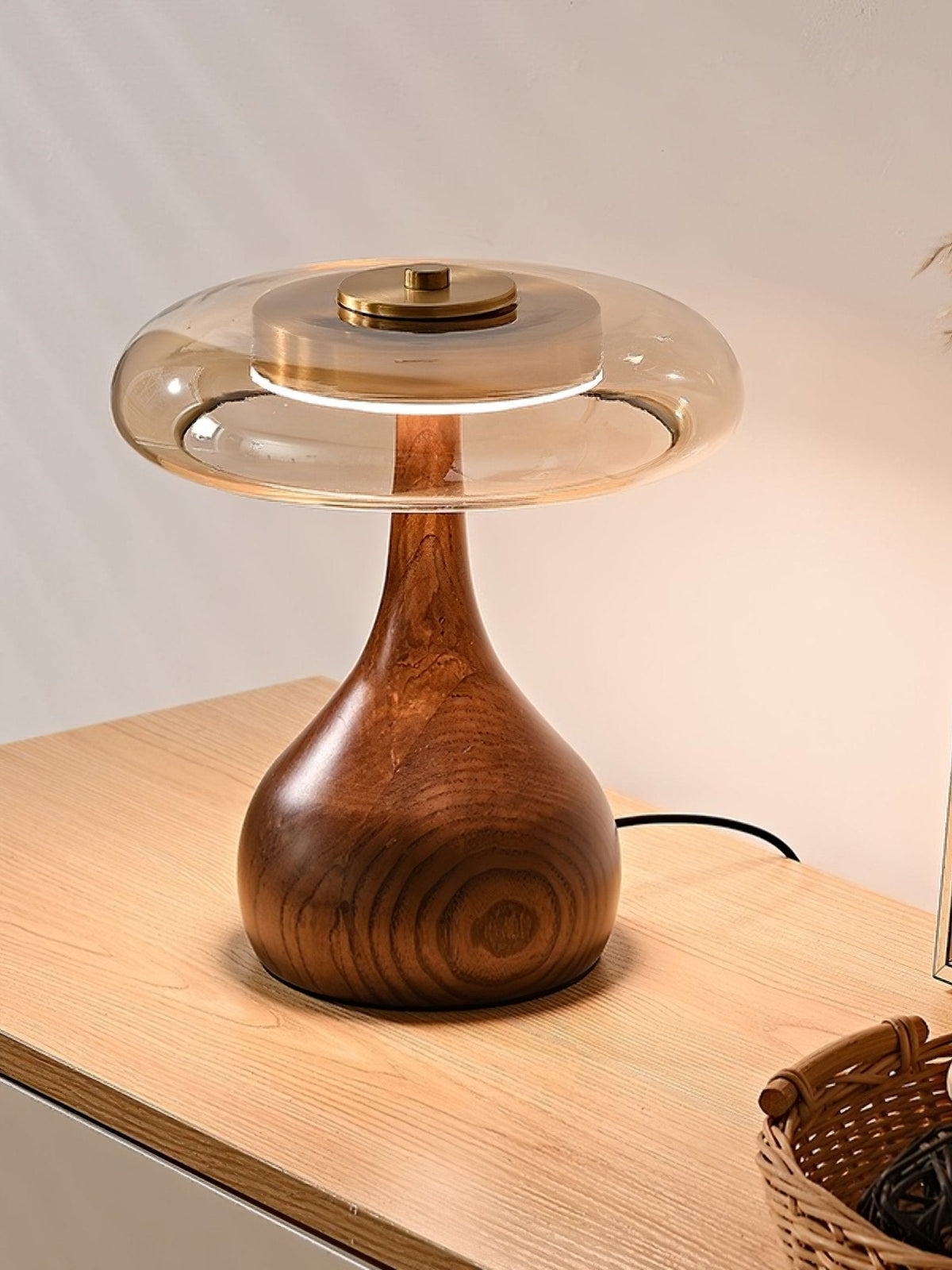 Lámpara de escritorio LED con pantalla de vidrio ámbar y base de madera natural para oficina en casa, dormitorio y mesa de noche | Temperatura de color ajustable 3000K-6000K | Thomler