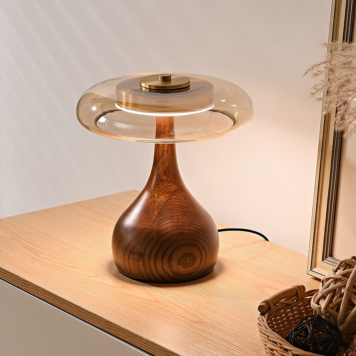 Lámpara de escritorio LED con pantalla de vidrio ámbar y base de madera natural para oficina en casa, dormitorio y mesa de noche | Temperatura de color ajustable 3000K-6000K | Thomler