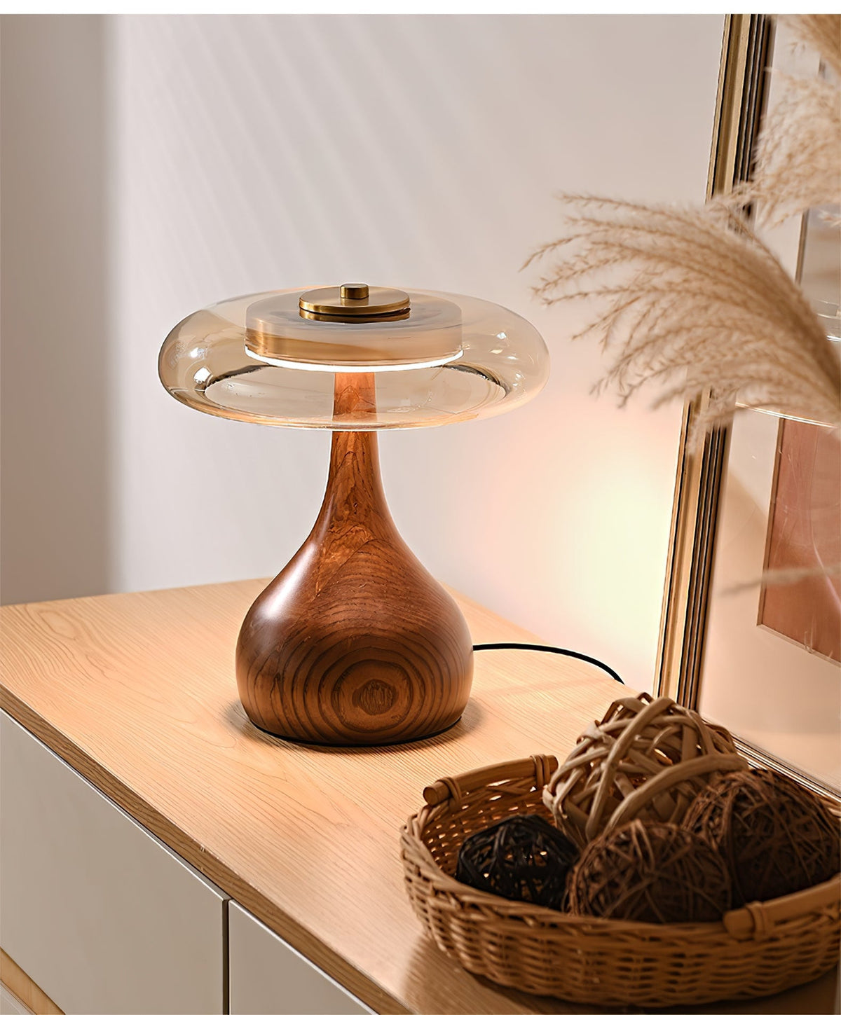 Lámpara de escritorio LED con pantalla de vidrio ámbar y base de madera natural para oficina en casa, dormitorio y mesa de noche | Temperatura de color ajustable 3000K-6000K | Thomler