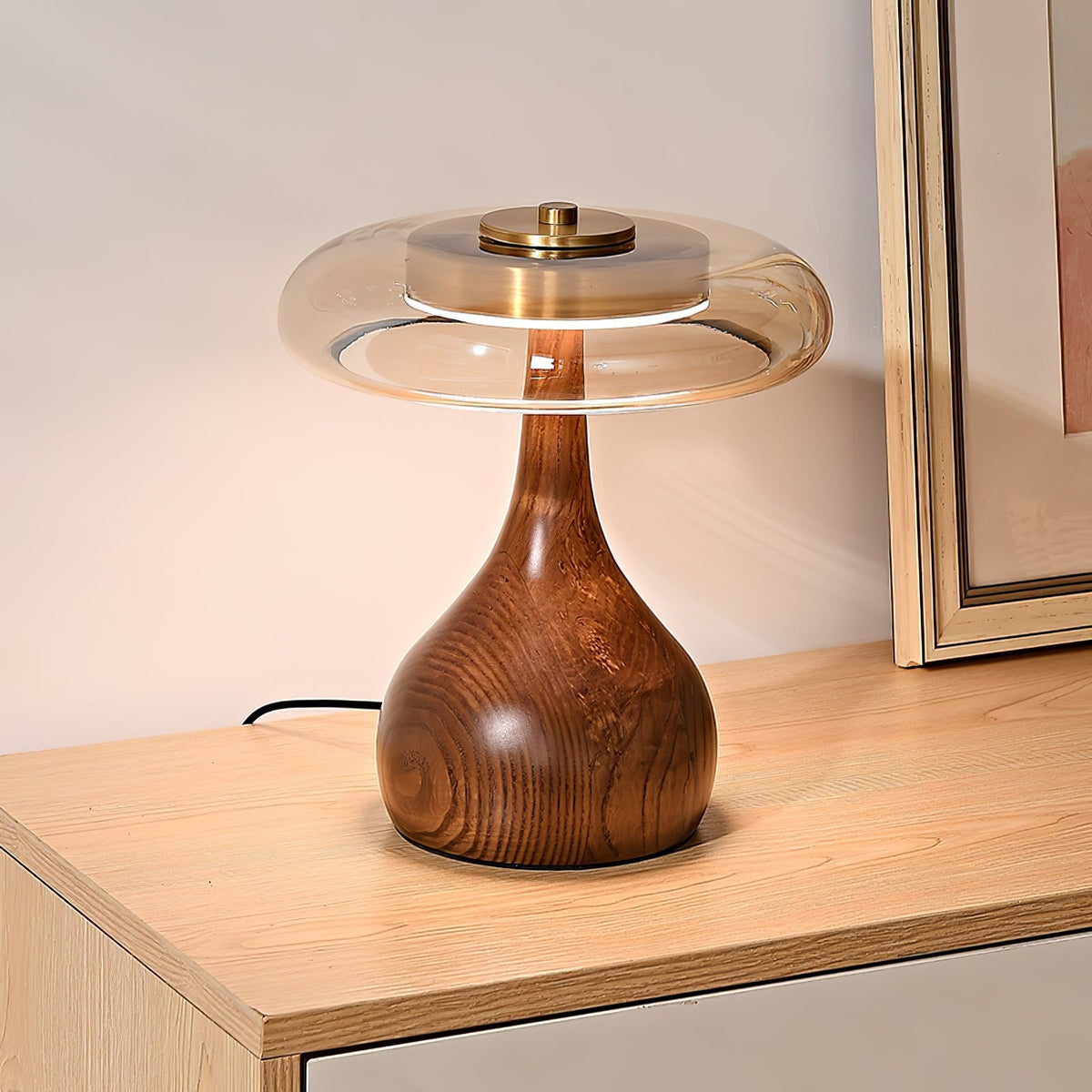 Lámpara de escritorio LED con pantalla de vidrio ámbar y base de madera natural para oficina en casa, dormitorio y mesa de noche | Temperatura de color ajustable 3000K-6000K | Thomler