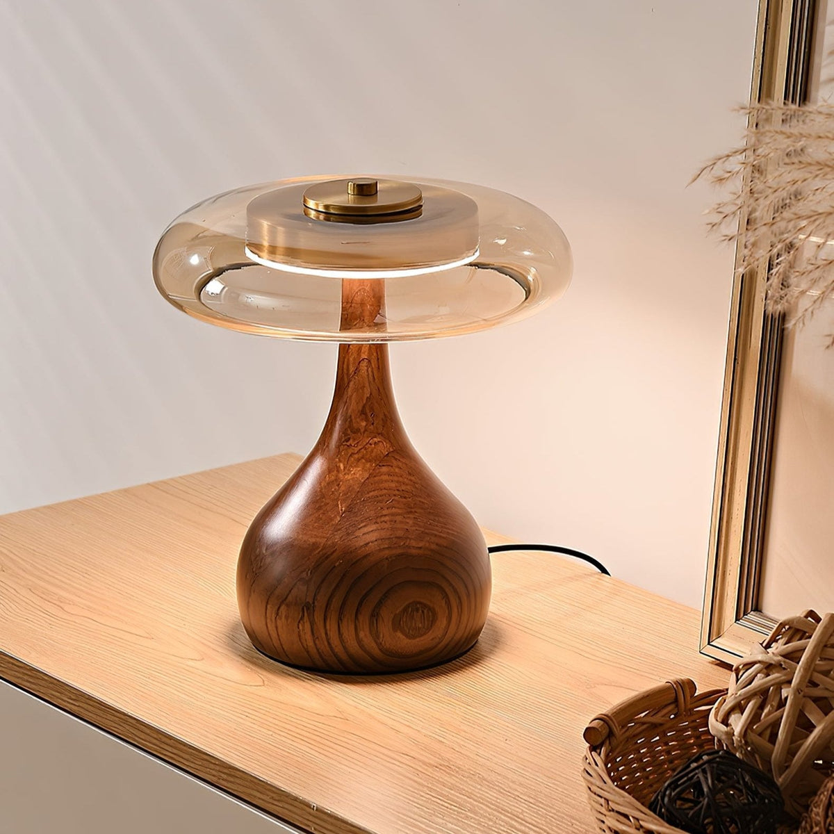 Lámpara de escritorio LED con pantalla de vidrio ámbar y base de madera natural para oficina en casa, dormitorio y mesa de noche | Temperatura de color ajustable 3000K-6000K | Thomler