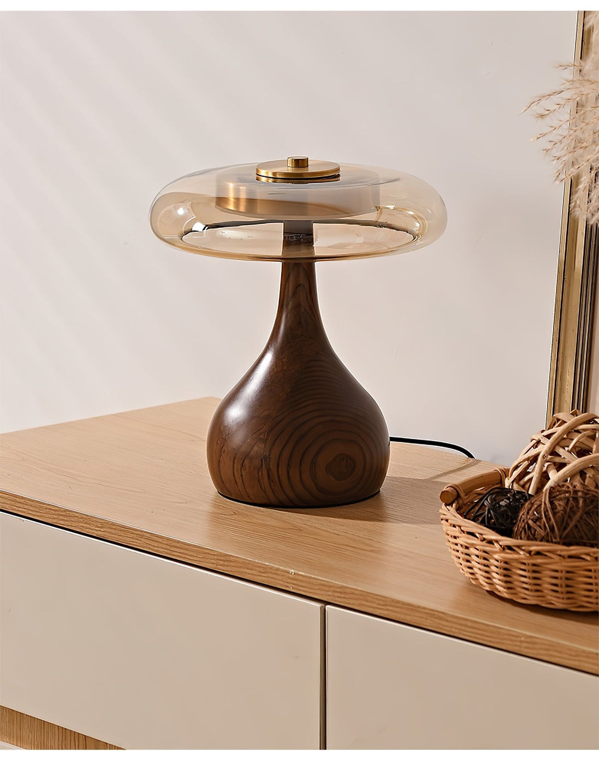 Lámpara de escritorio LED con pantalla de vidrio ámbar y base de madera natural para oficina en casa, dormitorio y mesa de noche | Temperatura de color ajustable 3000K-6000K | Thomler