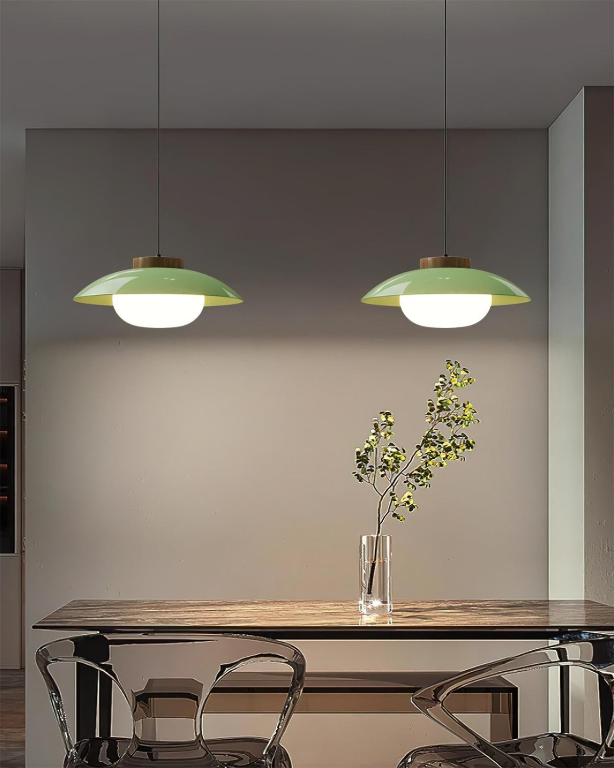 Saucer Shade Ceiling Pendant with Wood Rim for Kitchens & Dining Areas | Modern 11-Inch Hanging Fixture with Built-In LED, Warm 3000K Glow | Thomler