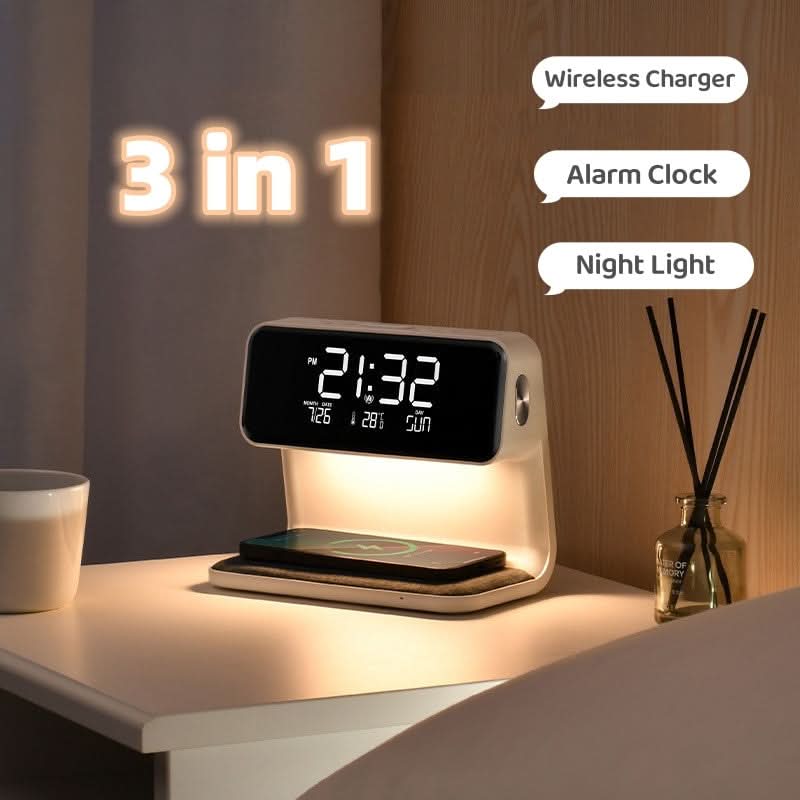 Lámpara de mesa de noche con control táctil, estación de carga inalámbrica y reloj despertador digital para dormitorio | Luz LED regulable | Escritorio de ABS blanco O | Thomler