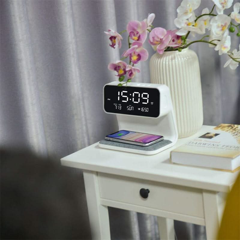 Lámpara de mesa de noche con control táctil, estación de carga inalámbrica y reloj despertador digital para dormitorio | Luz LED regulable | Escritorio de ABS blanco O | Thomler