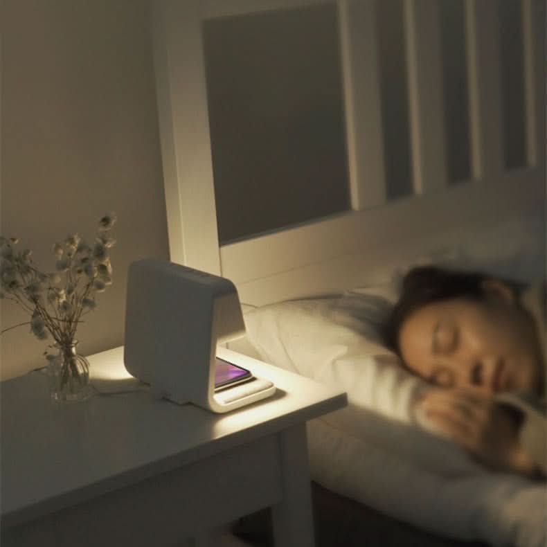 Lámpara de mesa de noche con control táctil, estación de carga inalámbrica y reloj despertador digital para dormitorio | Luz LED regulable | Escritorio de ABS blanco O | Thomler