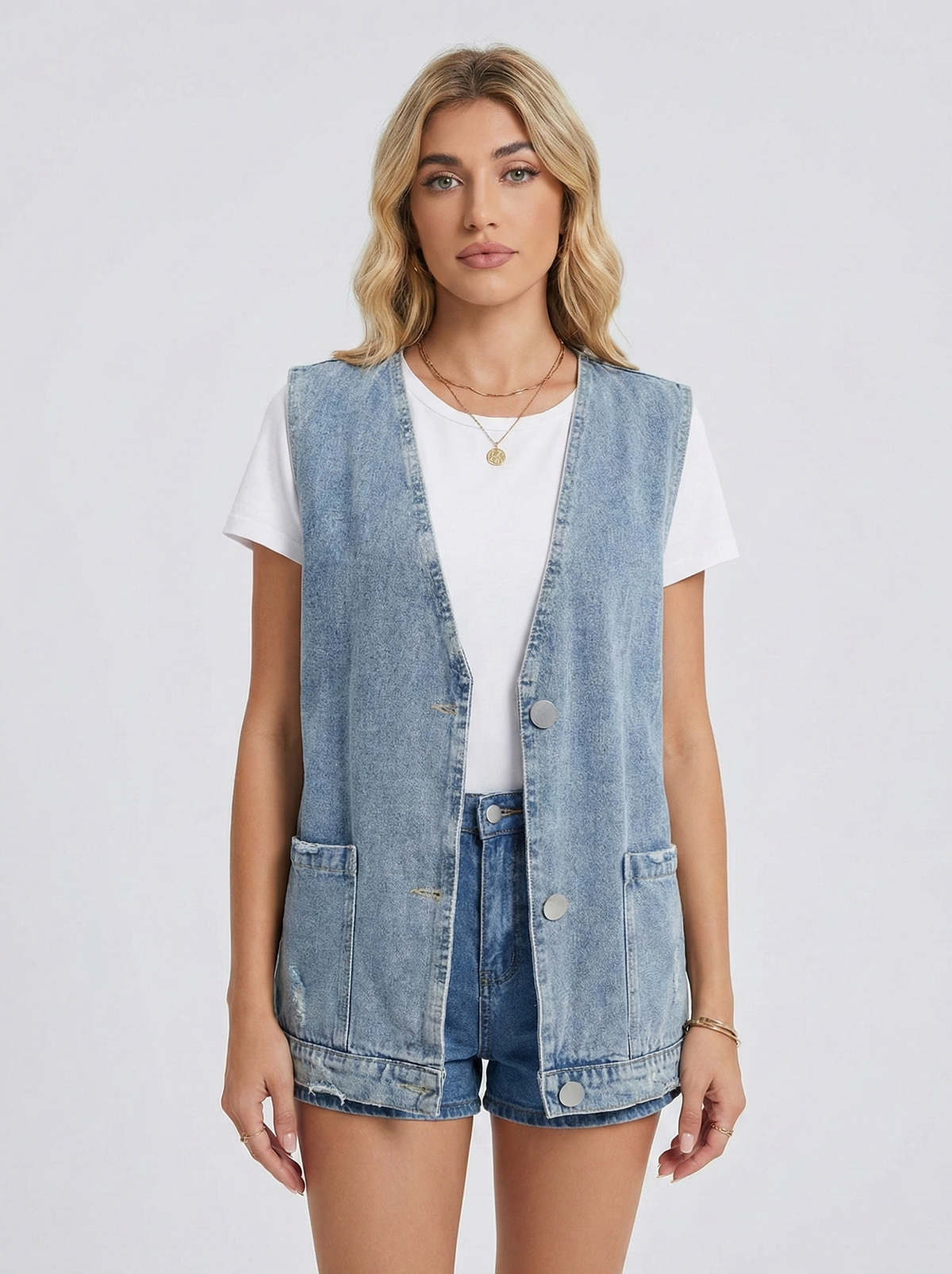 Chaleco vaquero minimalista para mujer, con diseño sin mangas y corte holgado
