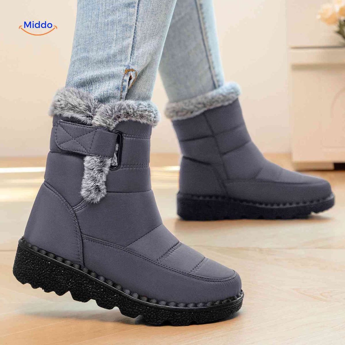 Faux Fur-Lined Ankle Boots with Traction Sole – Winter-Ready Women's Footwear for Snow & Ice
