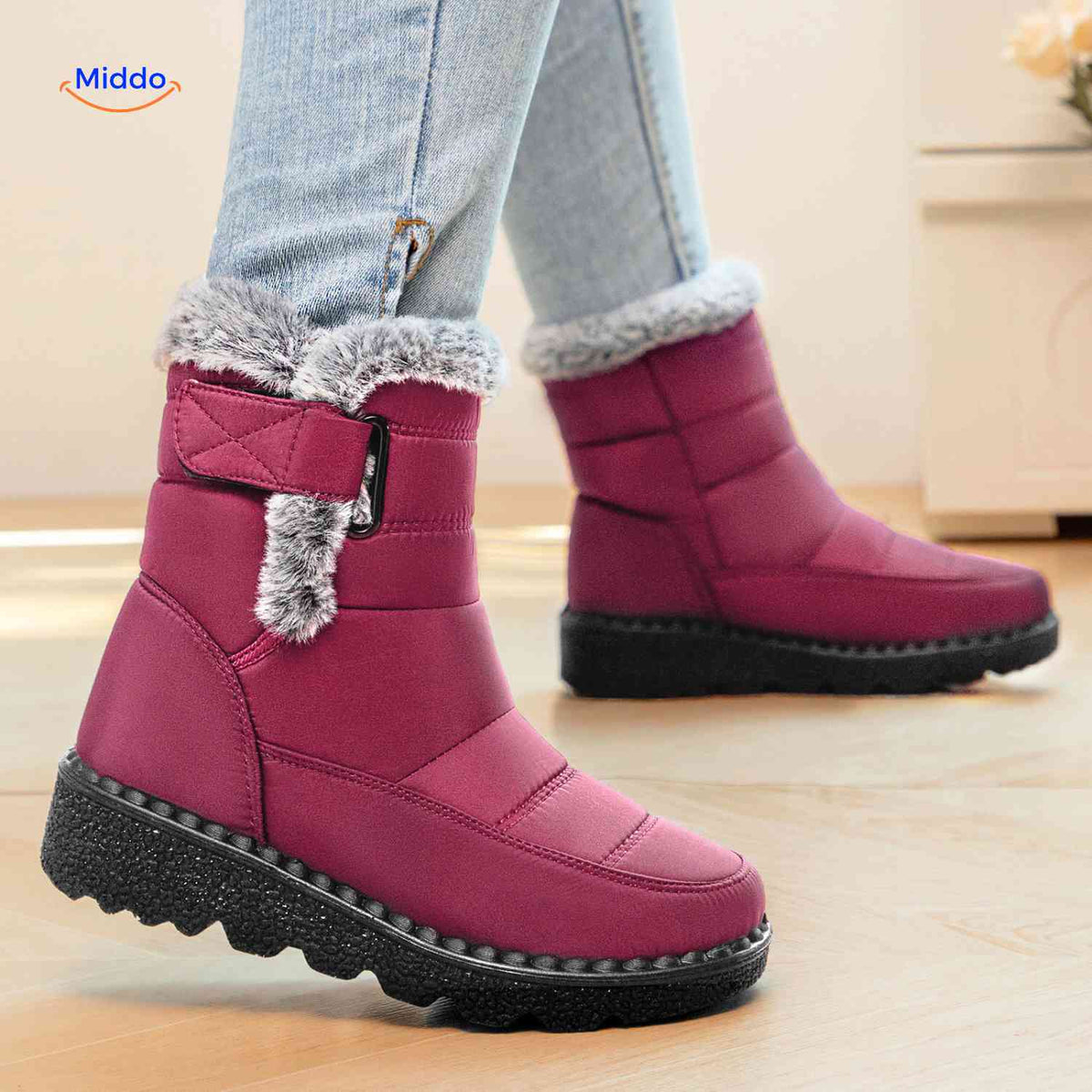 Faux Fur-Lined Ankle Boots with Traction Sole – Winter-Ready Women's Footwear for Snow & Ice