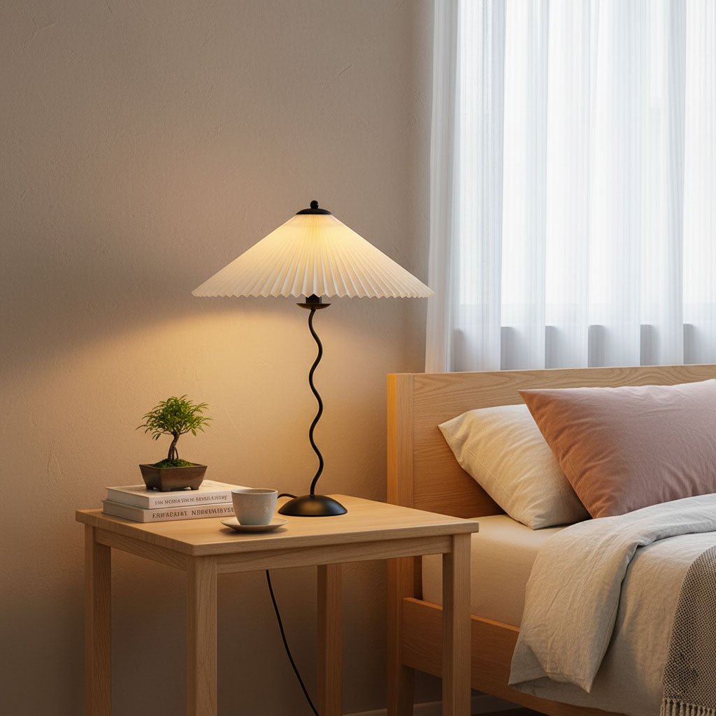 Sculptural Desk Lamp with Gathered Shade & Arc Base 17-inch Beige White Green Black Nightstand Light for Bedroom Living Room Accent | Thomler
