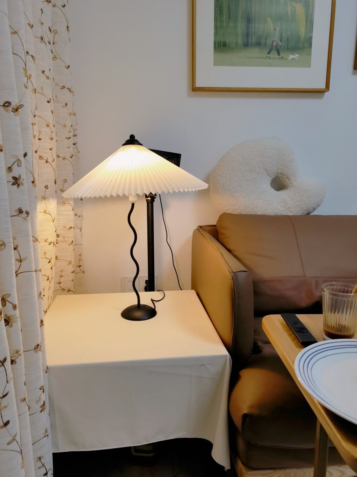 Sculptural Desk Lamp with Gathered Shade & Arc Base 17-inch Beige White Green Black Nightstand Light for Bedroom Living Room Accent | Thomler