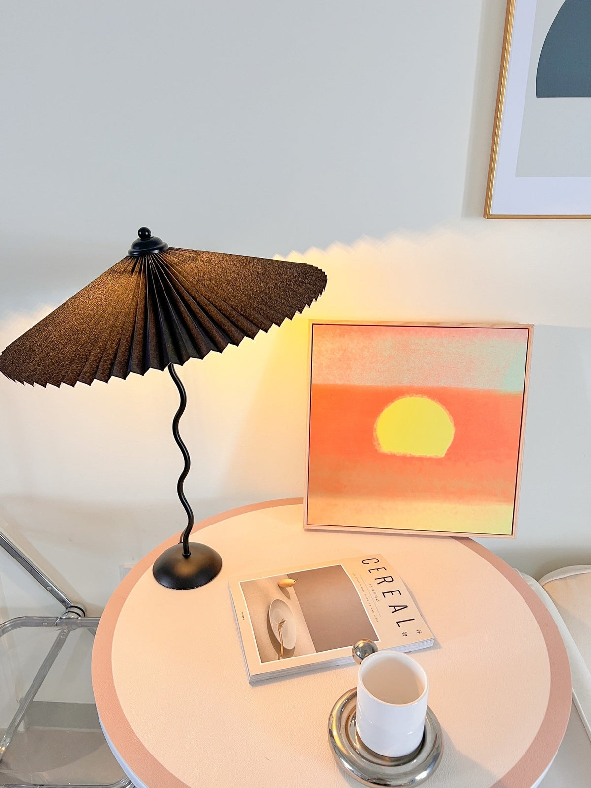 Sculptural Desk Lamp with Gathered Shade & Arc Base 17-inch Beige White Green Black Nightstand Light for Bedroom Living Room Accent | Thomler