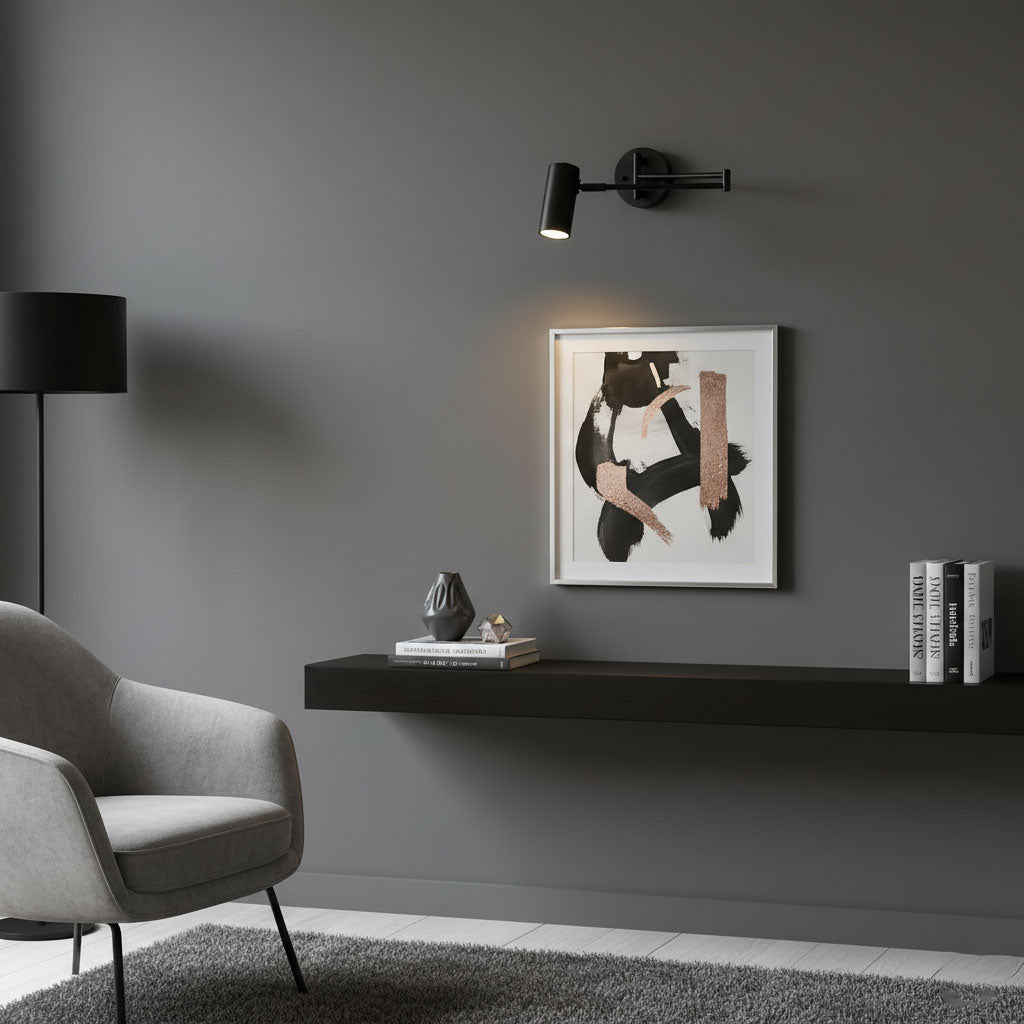 Aplique de pared LED con brazo giratorio y soporte extensible para dormitorio, pasillo, rincón de lectura e iluminación de tareas. Lámpara moderna regulable, oro y negro | Thomler