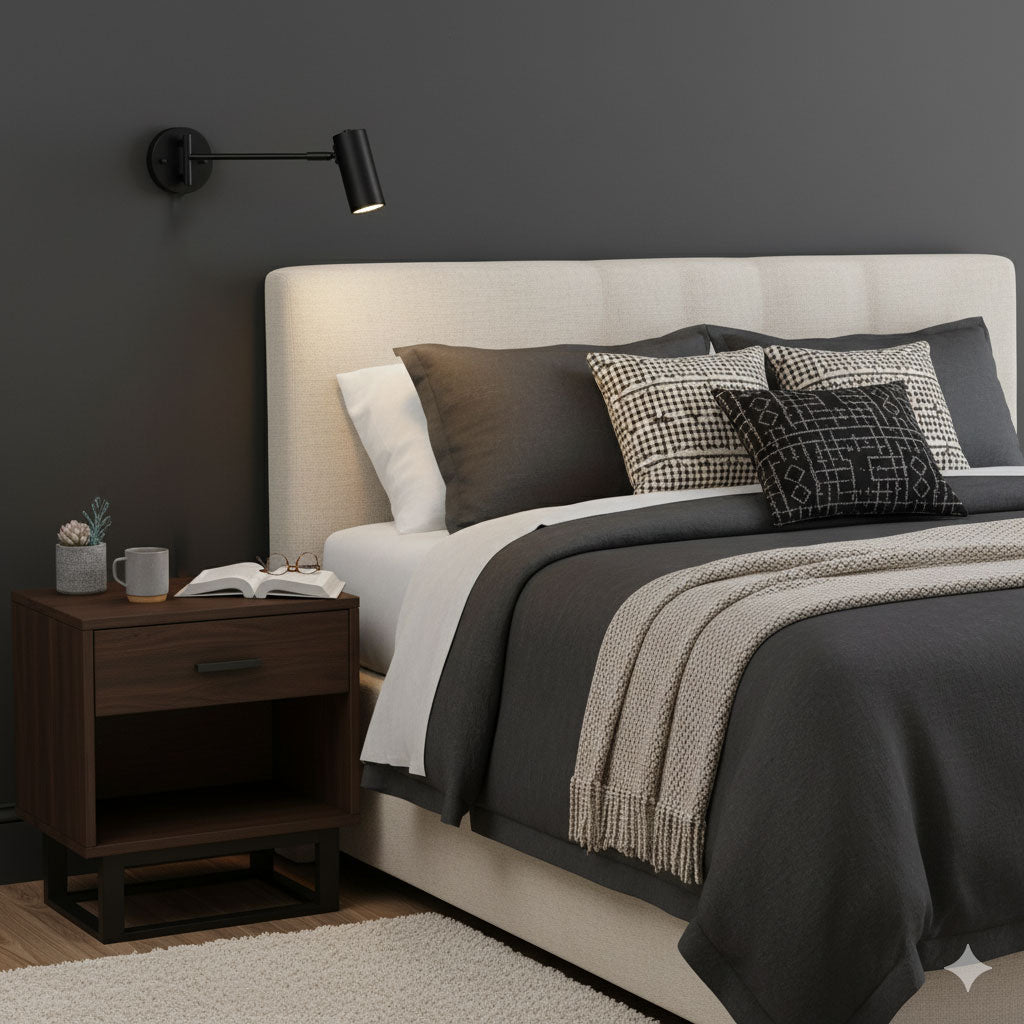 Aplique de pared LED con brazo giratorio y soporte extensible para dormitorio, pasillo, rincón de lectura e iluminación de tareas. Lámpara moderna regulable, oro y negro | Thomler