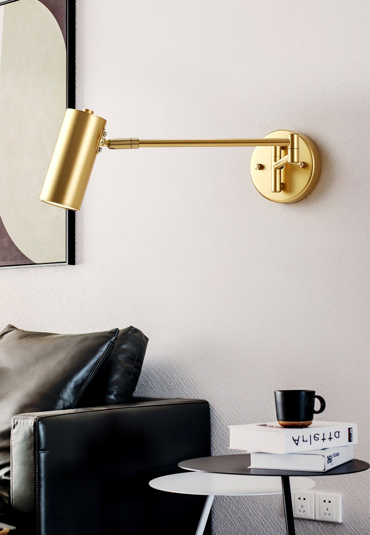 Aplique de pared LED con brazo giratorio y soporte extensible para dormitorio, pasillo, rincón de lectura e iluminación de tareas. Lámpara moderna regulable, oro y negro | Thomler