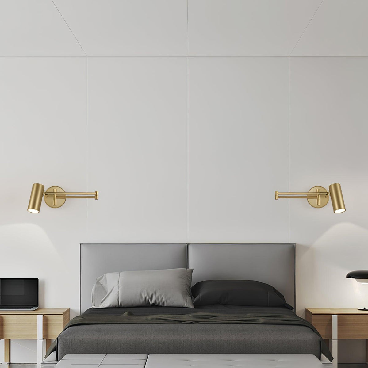 Aplique de pared LED con brazo giratorio y soporte extensible para dormitorio, pasillo, rincón de lectura e iluminación de tareas. Lámpara moderna regulable, oro y negro | Thomler
