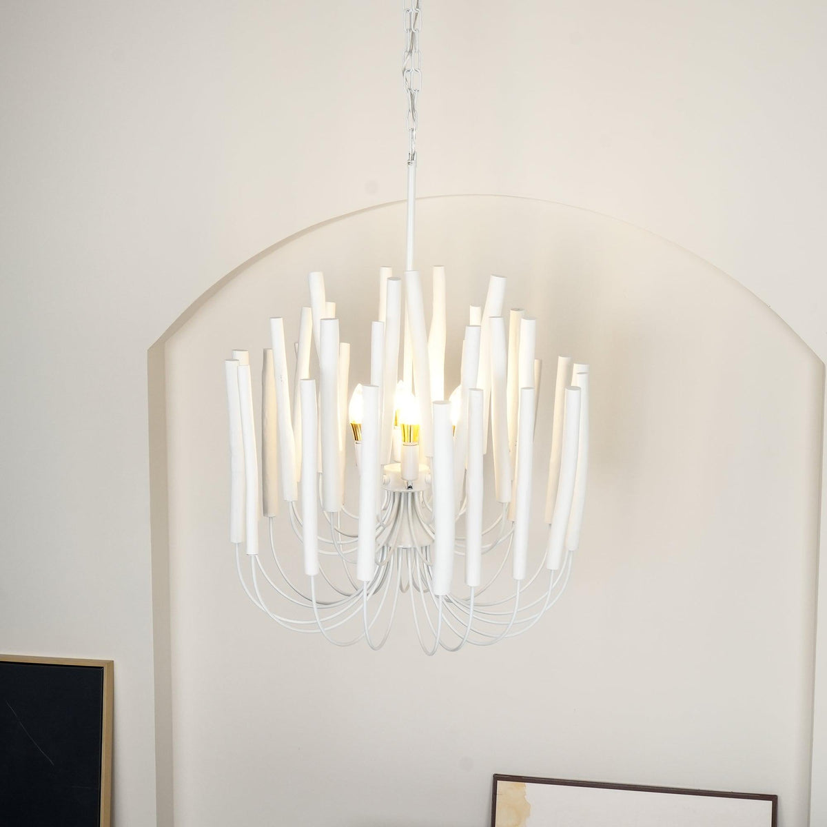 Ronde gelaagde plafondlamp van hout en metaal voor eetkamer, woonkamer en slaapkamer – Verstelbare hanglamp met whitewash afwerking – 6 tot 18 armen | Thomler