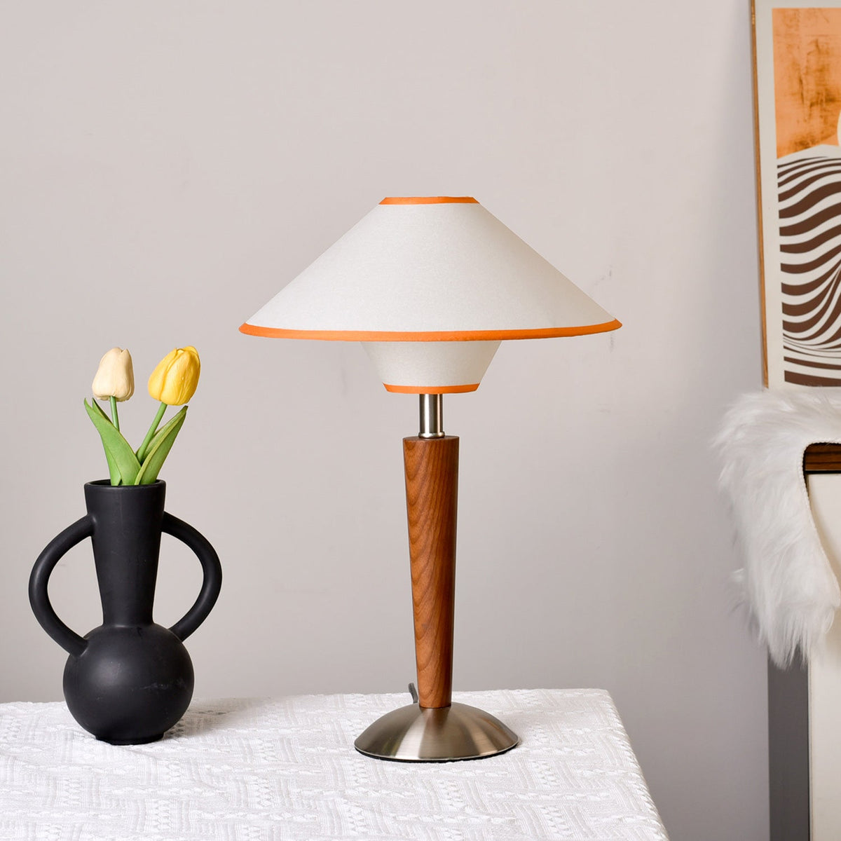 Fabric Shade Table Lamp 17 in for Nightstand & Side Table - Wood Base with E26 Socket for Bedroom Living Room Office Desk Reading Light Mini | Thomler