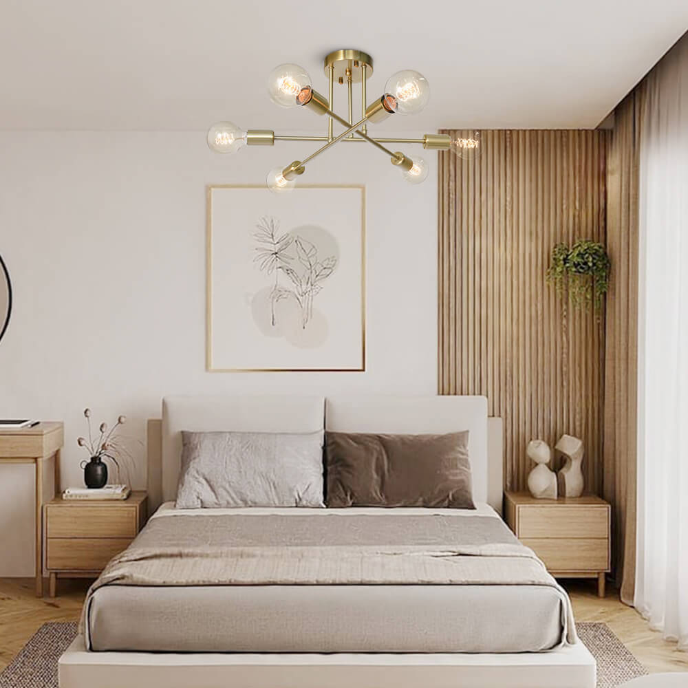 24-Inch Starburst Semi-Flush Ceiling Light with 6 Arms for Low Ceilings | Metallic Finish | Hardwired Dining Room & Kitchen Overhead Fixture | Thomler