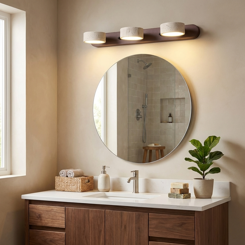 Aplique de pared de piedra natural con LED integrado, lámpara cableada de 2 luces con acento de madera para iluminación ambiental interior en dormitorios, pasillos y salas de estar