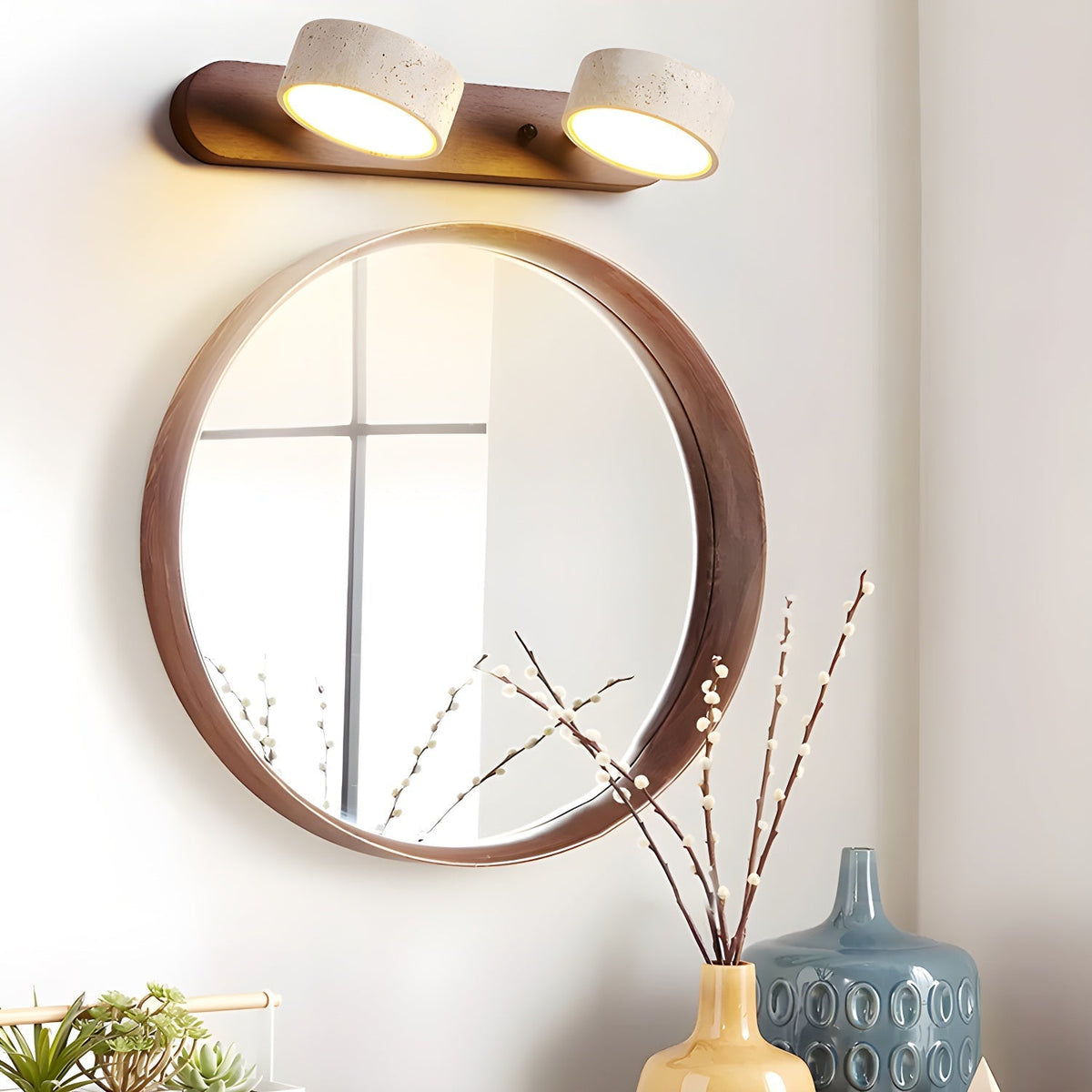 Aplique de pared de piedra natural con LED integrado, lámpara cableada de 2 luces con acento de madera para iluminación ambiental interior en dormitorios, pasillos y salas de estar